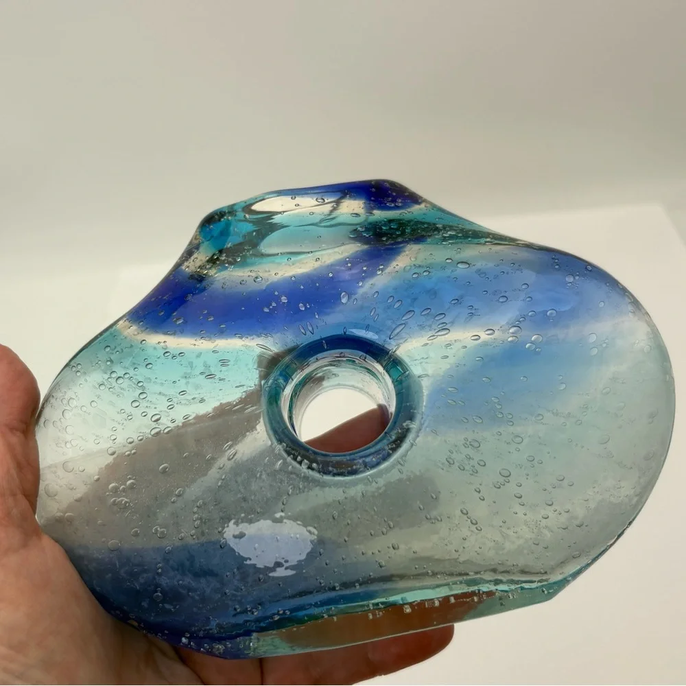 Vintage Blue and Clear Swirl  Glass Donut Vase - Picture 12 of 16